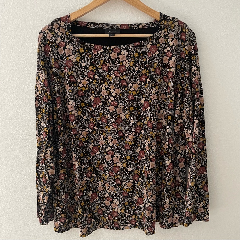 J Jill Blouse Wearever Collection Womens XLP Black Brown Paisley Drop Shoulder